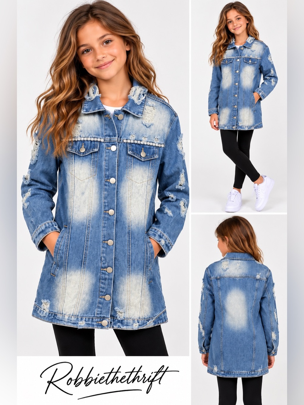 Tween Girls Distressed Rhinestone Long Denim Jacket Size 11Y Light Wash